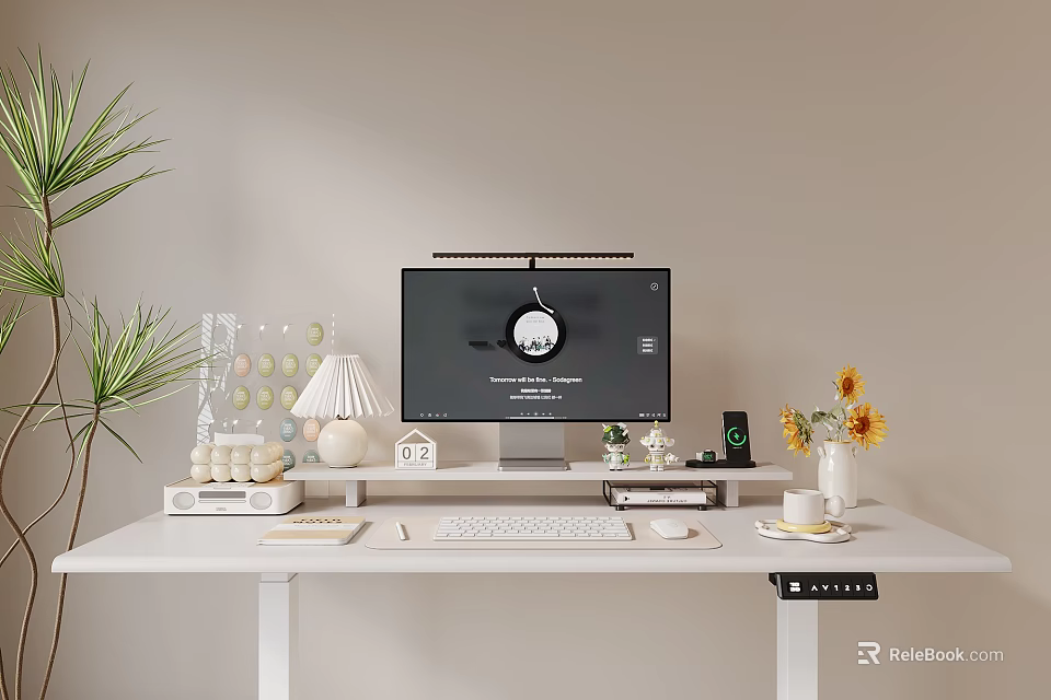 Decorative Ornament Set on White Home Office Desk with Computer Sunflowers Lamp and Plant 3d model 