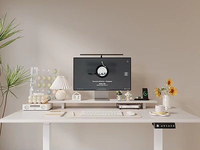 Decorative Ornament Set on White Home Office Desk with Computer Sunflowers Lamp and Plant 3d model