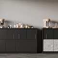 Elegant Black Sideboard with Storage Cabinets Decorative Patterns and Coffee Machine on Top 3d model