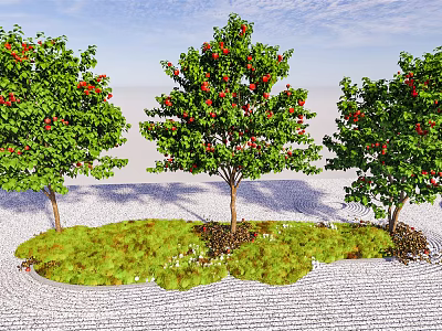 Three Arbor Trees With Red Fruits Green Leaves On Grass And White Stone Ground 3d model