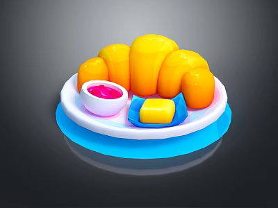 Delicious Yellow Bread Rolls with Pink Sauce and Yellow Butter on Plate and Blue Tray 3d model