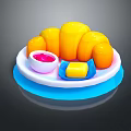 Delicious Yellow Bread Rolls with Pink Sauce and Yellow Butter on Plate and Blue Tray