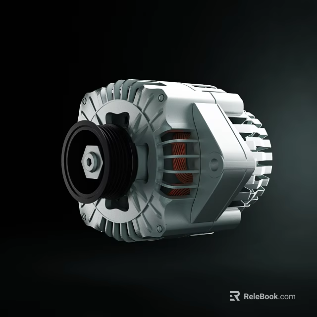 Industrial Alternator with Metal Housing Black Pulley and Red Copper Coils Design 3d model 