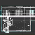 Spiral Staircase in Two Story Building with White Walls Upper Balcony Gold Railing and Door