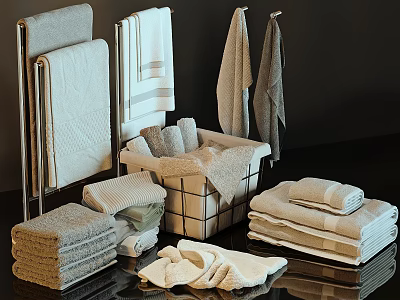 Soft Absorbent Cotton Bath Towels Folded in Storage Basket and Shelf 3d model