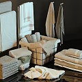 Soft Absorbent Cotton Bath Towels Folded in Storage Basket and Shelf