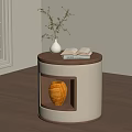 Modern Round Top Wooden Bedside Table With White Body Cutout And Yellow Woven Vase