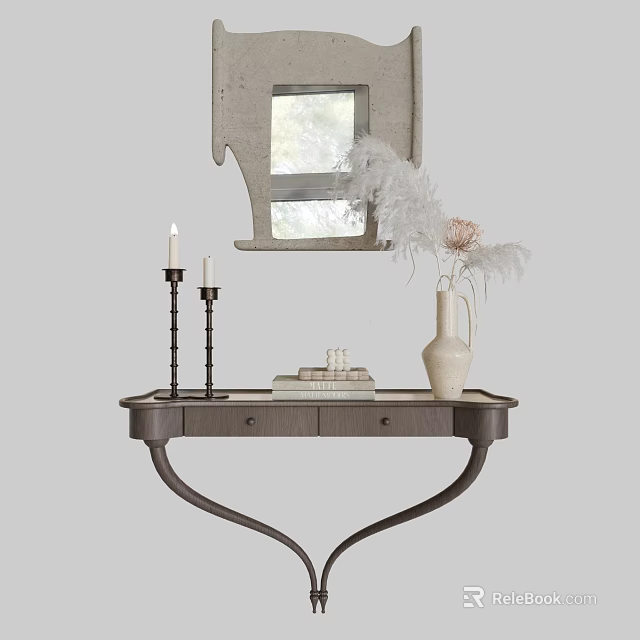 Stylish Console Table With White Vase Feathers Dried Flowers Candle Holders And Decorative Window Frame 3d model 