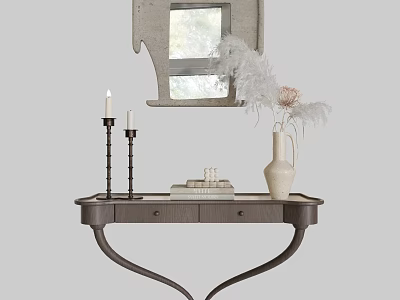 Stylish Console Table With White Vase Feathers Dried Flowers Candle Holders And Decorative Window Frame 3d model