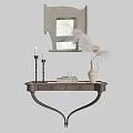 Stylish Console Table With White Vase Feathers Dried Flowers Candle Holders And Decorative Window Frame