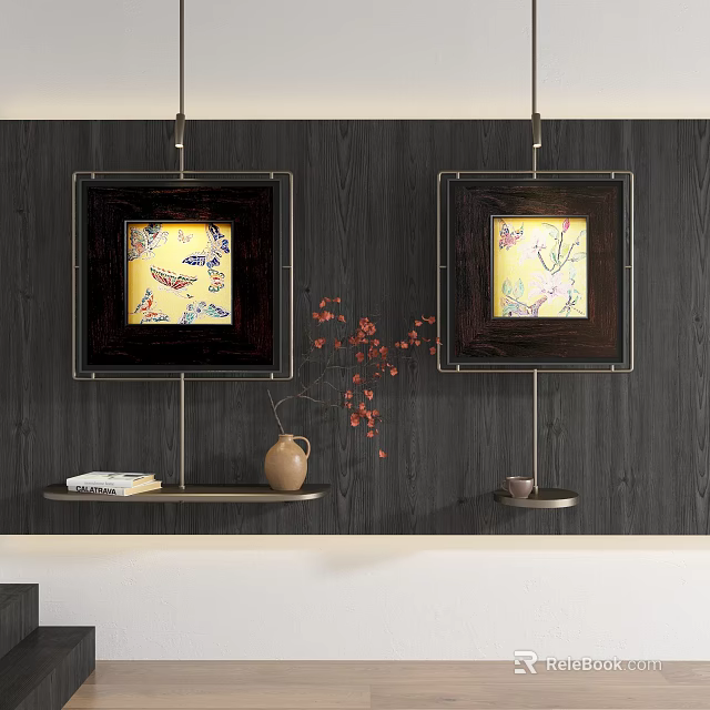 Abstract Paintings In Black Square Frames On Dark Wooden Wall With Colorful Patterns And Vase 3d model 