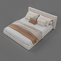 Modern Minimalist Double Bed with Upholstered Headboard White Brown Pillows and Blanket