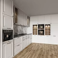 Contemporary White Kitchen With Marble Countertop Island Black Appliances And Wooden Flooring