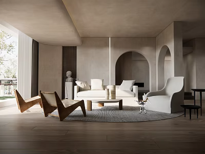 Modern Minimalist Living Room Interior With Archways White Sofa Brown Armchairs And Round Rug 3d model