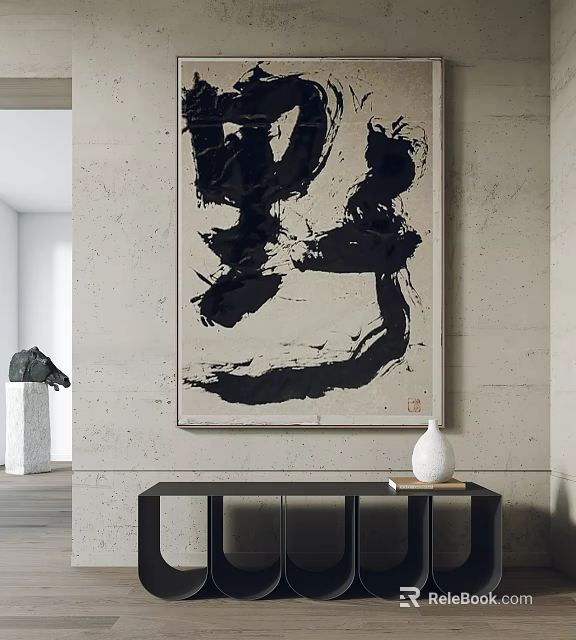 Modern Interior With Concrete Wall Calligraphy Art And Minimalist Decor 3d model