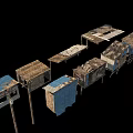 Dilapidated Wooden Shacks With Blue Roofs And Broken Planks On Poles