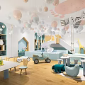 Kindergarten Bright Interior With Colorful Balloons Hanging Decorations And Toy Cars