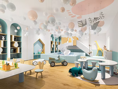 Kindergarten Bright Interior With Colorful Balloons Hanging Decorations And Toy Cars 3d model