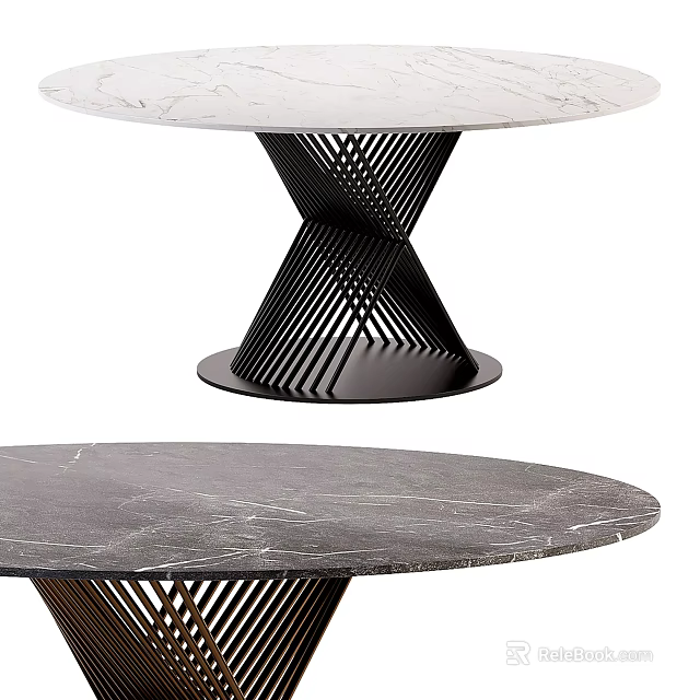 Elegant Round Marble Dining Table With Black Metal Geometric Base Intricate Design 3d model 