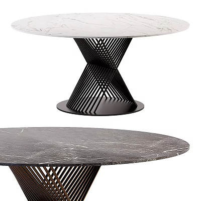 Elegant Round Marble Dining Table With Black Metal Geometric Base Intricate Design 3d model