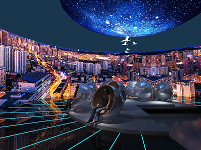 Futuristic City Night Scene With Starry Sky Ceiling Floating Seats And Airplanes 3d model
