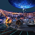 Futuristic City Night Scene With Starry Sky Ceiling Floating Seats And Airplanes
