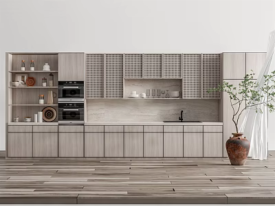 Modern Minimalist Open Kitchen Interior with Wooden Cabinets White Walls Sink Oven and Green Plant 3d model
