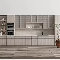 Modern Minimalist Open Kitchen Interior with Wooden Cabinets White Walls Sink Oven and Green Plant