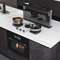 Modern Kitchen Appliances With Black Cooktop Pans And Built In Oven
