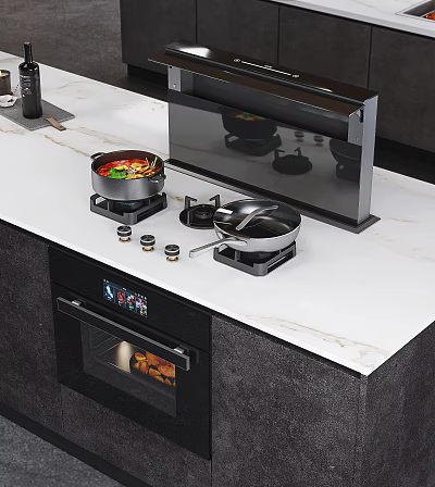 Modern Kitchen Appliances With Black Cooktop Pans And Built In Oven 3d model
