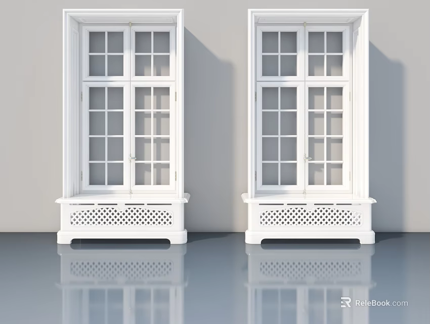 White Casement Doors with Glass Panes and Lattice Base in Indoor Setting 3d model 