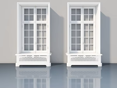 White Casement Doors with Glass Panes and Lattice Base in Indoor Setting 3d model
