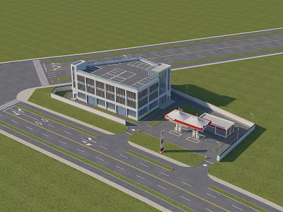 Modern Gas Station With Glass Building Fuel Pumps And Surrounding Road In Green Area 3d model