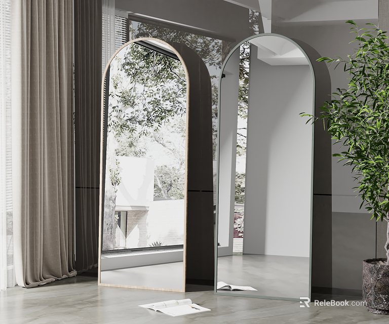 Arched Mirrors In Modern Minimalist Interior Reflecting Trees Curtains And Potted Plant 3d model 