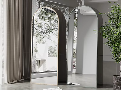Arched Mirrors In Modern Minimalist Interior Reflecting Trees Curtains And Potted Plant 3d model