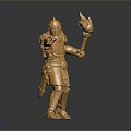 Detailed Golden Knight Statue Holding Torch In Pointing Stance On Dark Surface