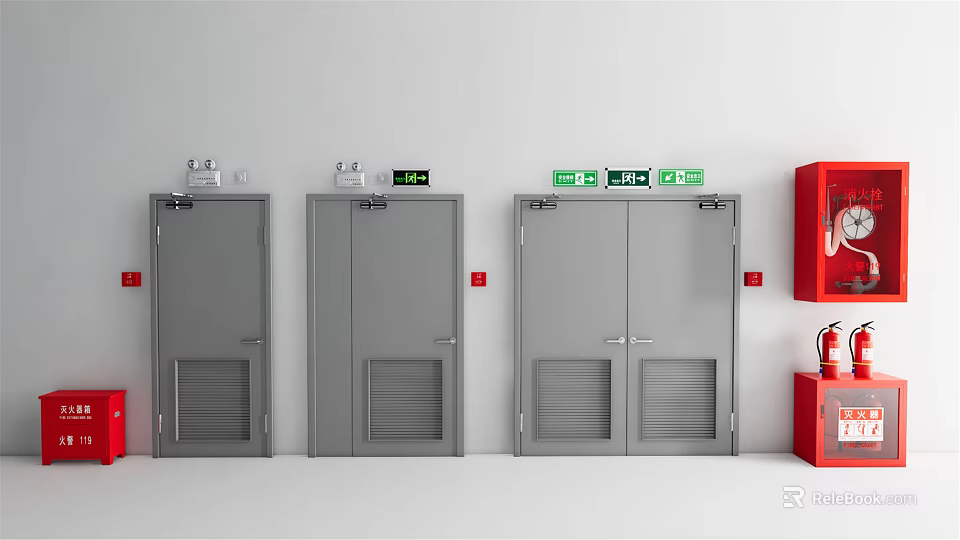 Interior View Of Grey Fire Doors With Green Exit Signs And Red Fire Equipment 3d model 