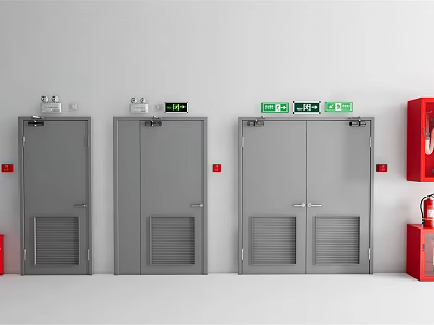 Interior View Of Grey Fire Doors With Green Exit Signs And Red Fire Equipment 3d model