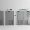 Interior View Of Grey Fire Doors With Green Exit Signs And Red Fire Equipment