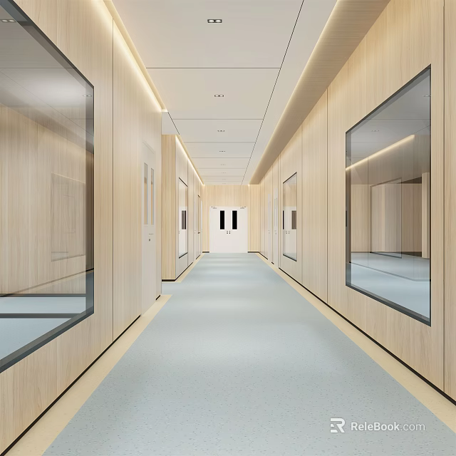 Bright Modern Elevator Hallway With Wooden Walls Glass Panels And Light Colored Floor 3d model 