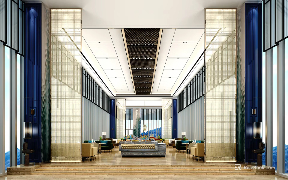 Elegant Modern Restaurant Interior With Chandeliers Dining Tables And Marble Decor 3d model