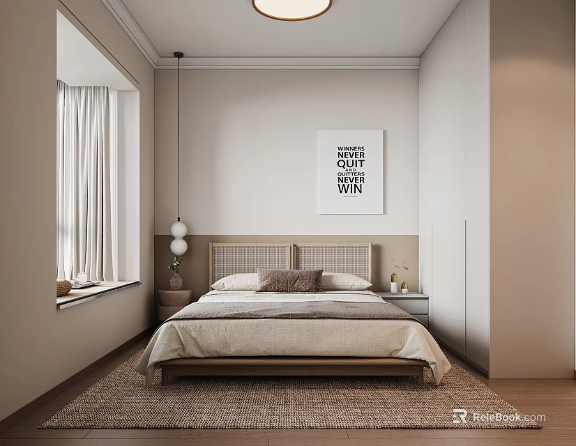 Modern Bedroom Interior with Bed Headboard Pillows Bedside Tables Wall Art Window Curtains and Rug 3d model 
