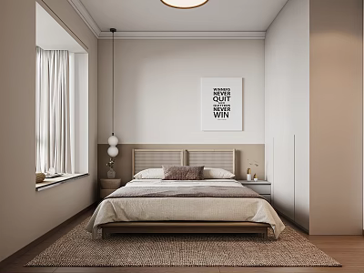 Modern Bedroom Interior with Bed Headboard Pillows Bedside Tables Wall Art Window Curtains and Rug 3d model