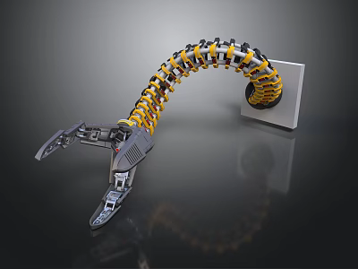Futuristic Mechanical Weapon with Robotic Claw Spiral Design Black Yellow Metallic Arm on Square Base 3d model