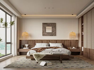 Modern Bedroom With Wooden Headboard Rattan Pendant Lights Textured Rug Decorative Painting And Window Plants 3d model