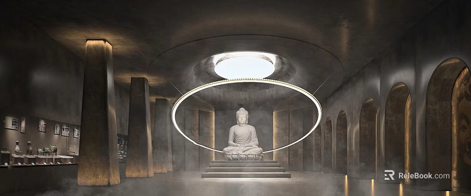 Intricate Buddha Sculpture Illuminated By Circular Halo In Serene Temple With Stone Columns 3d model 