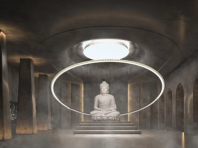 Intricate Buddha Sculpture Illuminated By Circular Halo In Serene Temple With Stone Columns 3d model