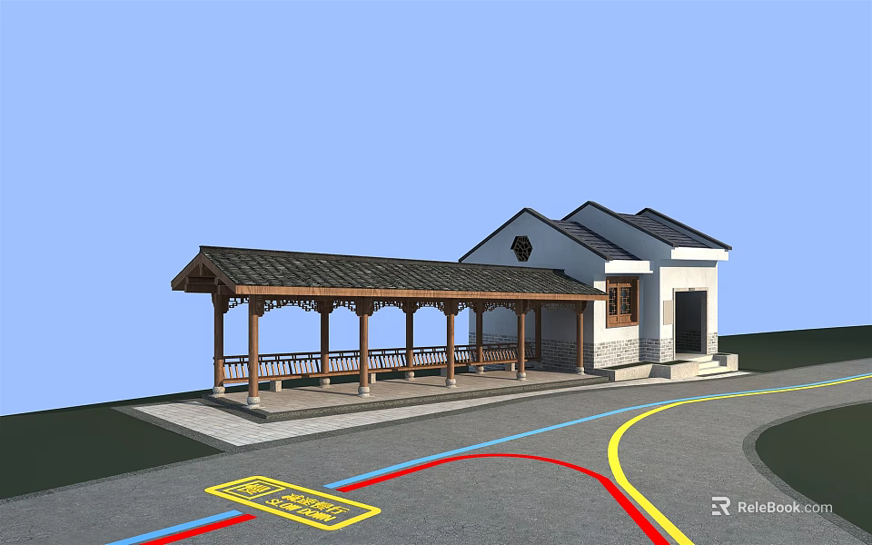 Traditional Wooden Pavilion with Tile Roof Adjacent to White Building in Outdoor Area 3d model 