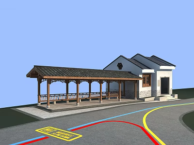 Traditional Wooden Pavilion with Tile Roof Adjacent to White Building in Outdoor Area 3d model