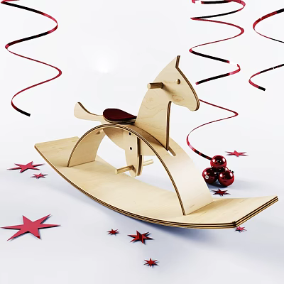 Wooden Block Rocking Horse Featuring Red Stars Streamers and Small Bells 3d model